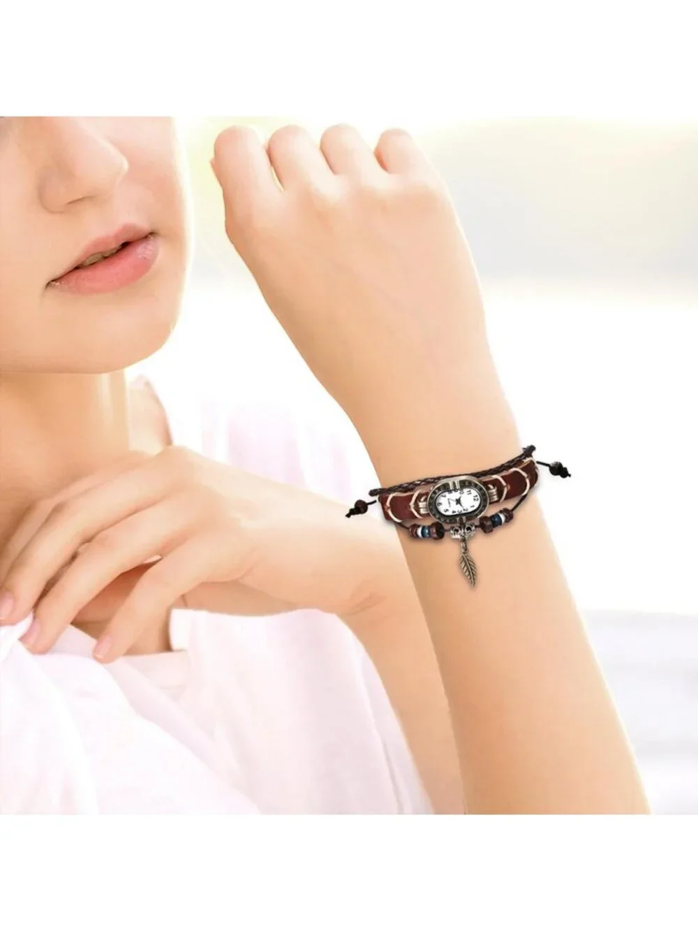 Women's Brown Analog Leaf Oval Case Bracelet Weave Wrap Around Leather Watch - Picture 2 of 6